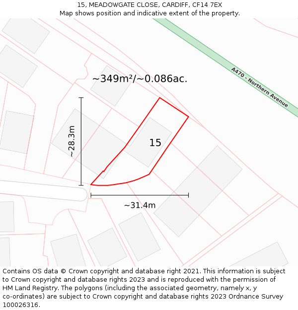 15, MEADOWGATE CLOSE, CARDIFF, CF14 7EX: Plot and title map
