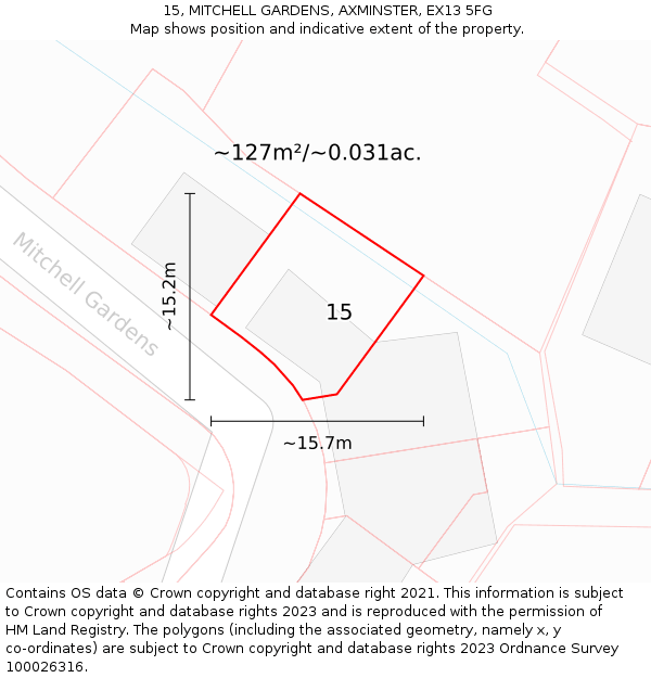 15, MITCHELL GARDENS, AXMINSTER, EX13 5FG: Plot and title map