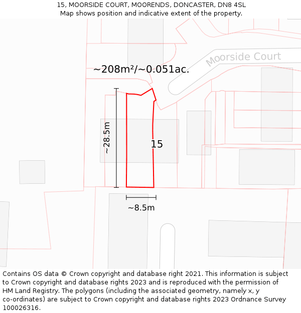 15, MOORSIDE COURT, MOORENDS, DONCASTER, DN8 4SL: Plot and title map