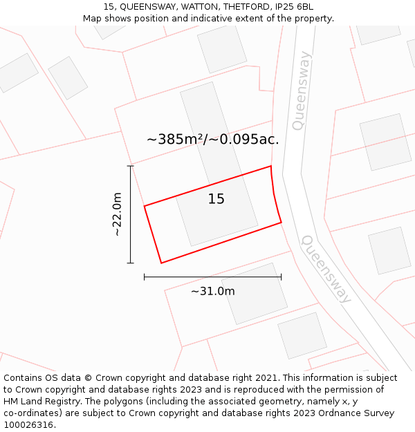15, QUEENSWAY, WATTON, THETFORD, IP25 6BL: Plot and title map