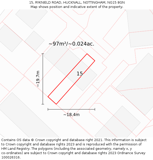 15, RYKNIELD ROAD, HUCKNALL, NOTTINGHAM, NG15 8GN: Plot and title map