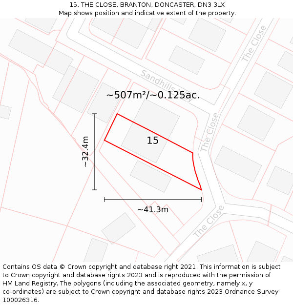 15, THE CLOSE, BRANTON, DONCASTER, DN3 3LX: Plot and title map
