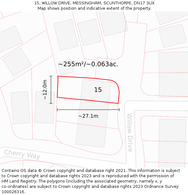15, WILLOW DRIVE, MESSINGHAM, SCUNTHORPE, DN17 3UX: Plot and title map