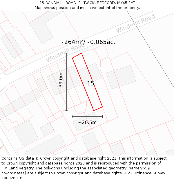 15, WINDMILL ROAD, FLITWICK, BEDFORD, MK45 1AT: Plot and title map