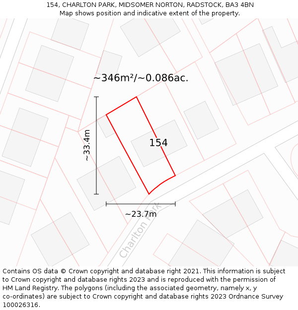 154, CHARLTON PARK, MIDSOMER NORTON, RADSTOCK, BA3 4BN: Plot and title map