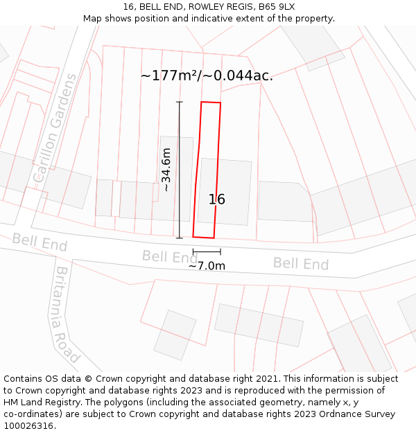 16, BELL END, ROWLEY REGIS, B65 9LX: Plot and title map