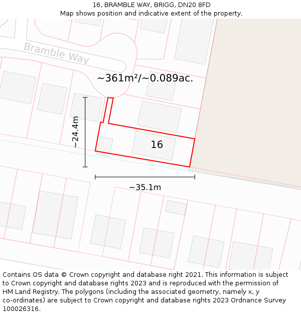 16, BRAMBLE WAY, BRIGG, DN20 8FD: Plot and title map