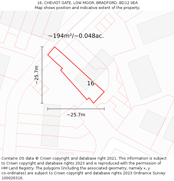 16, CHEVIOT GATE, LOW MOOR, BRADFORD, BD12 0EA: Plot and title map