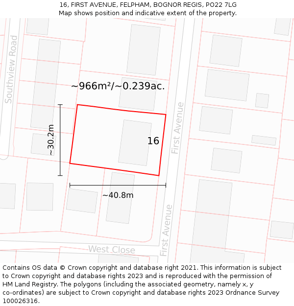 16, FIRST AVENUE, FELPHAM, BOGNOR REGIS, PO22 7LG: Plot and title map