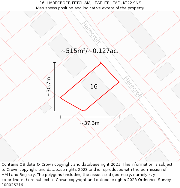 16, HARECROFT, FETCHAM, LEATHERHEAD, KT22 9NS: Plot and title map