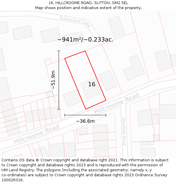 16, HILLCROOME ROAD, SUTTON, SM2 5EL: Plot and title map