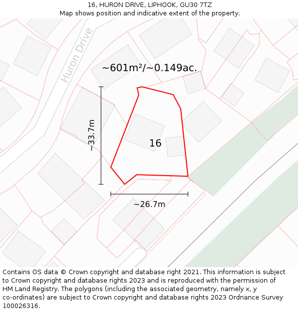 16, HURON DRIVE, LIPHOOK, GU30 7TZ: Plot and title map