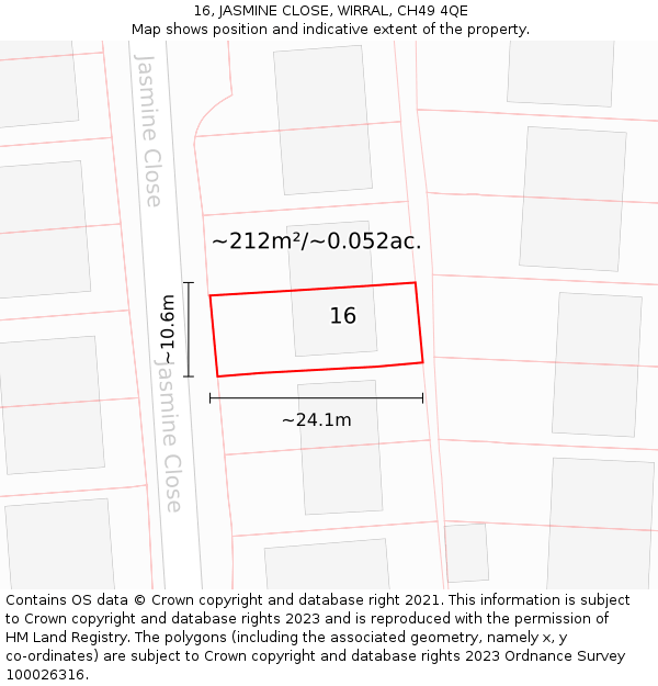 16, JASMINE CLOSE, WIRRAL, CH49 4QE: Plot and title map