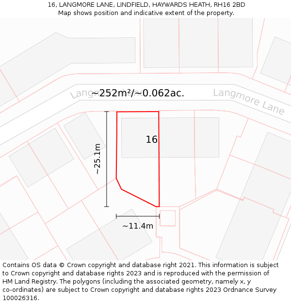16, LANGMORE LANE, LINDFIELD, HAYWARDS HEATH, RH16 2BD: Plot and title map