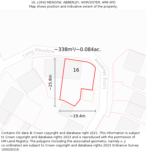 16, LONG MEADOW, ABBERLEY, WORCESTER, WR6 6FD: Plot and title map