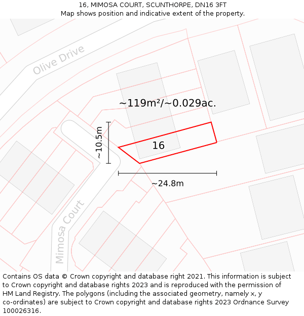 16, MIMOSA COURT, SCUNTHORPE, DN16 3FT: Plot and title map