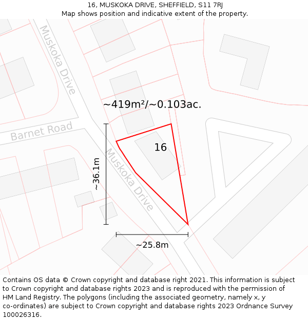 16, MUSKOKA DRIVE, SHEFFIELD, S11 7RJ: Plot and title map