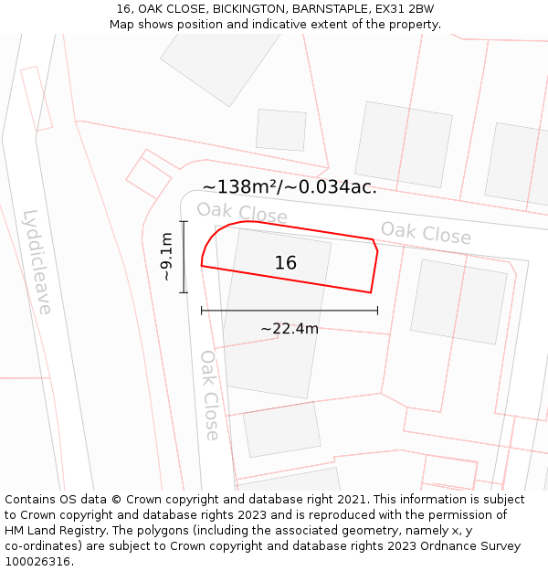 16, OAK CLOSE, BICKINGTON, BARNSTAPLE, EX31 2BW: Plot and title map