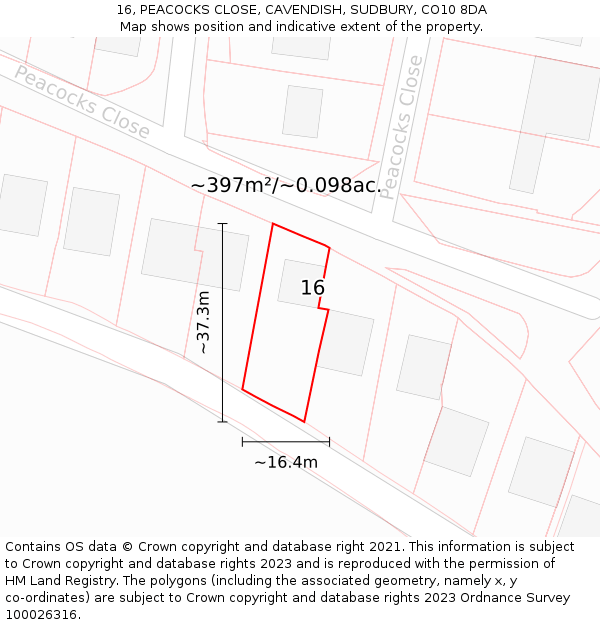 16, PEACOCKS CLOSE, CAVENDISH, SUDBURY, CO10 8DA: Plot and title map