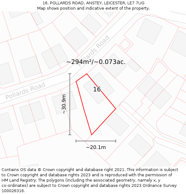 16, POLLARDS ROAD, ANSTEY, LEICESTER, LE7 7UG: Plot and title map