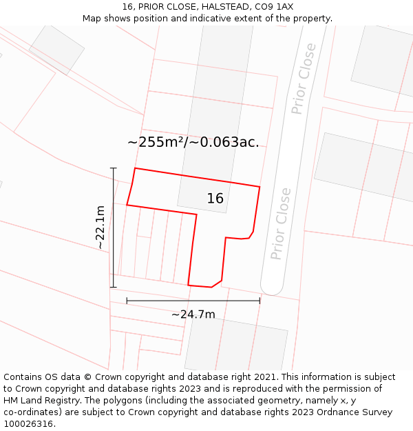 16, PRIOR CLOSE, HALSTEAD, CO9 1AX: Plot and title map