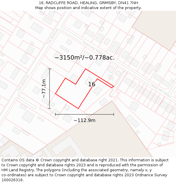 16, RADCLIFFE ROAD, HEALING, GRIMSBY, DN41 7NH: Plot and title map