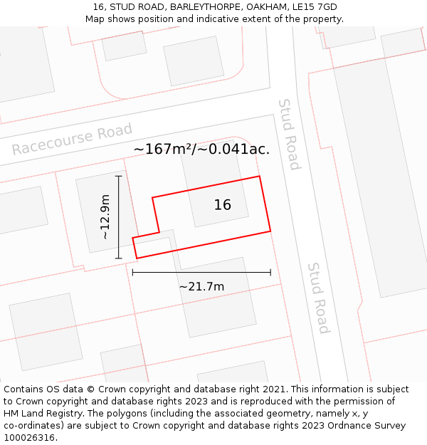 16, STUD ROAD, BARLEYTHORPE, OAKHAM, LE15 7GD: Plot and title map