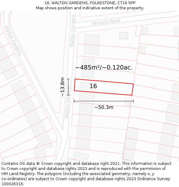 16, WALTON GARDENS, FOLKESTONE, CT19 5PP: Plot and title map