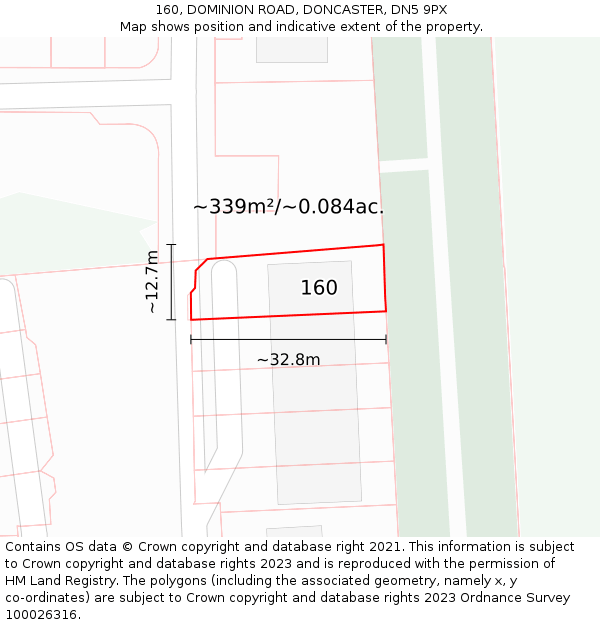 160, DOMINION ROAD, DONCASTER, DN5 9PX: Plot and title map