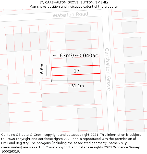 17, CARSHALTON GROVE, SUTTON, SM1 4LY: Plot and title map