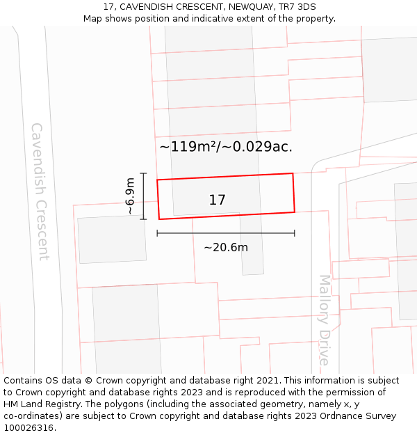 17, CAVENDISH CRESCENT, NEWQUAY, TR7 3DS: Plot and title map