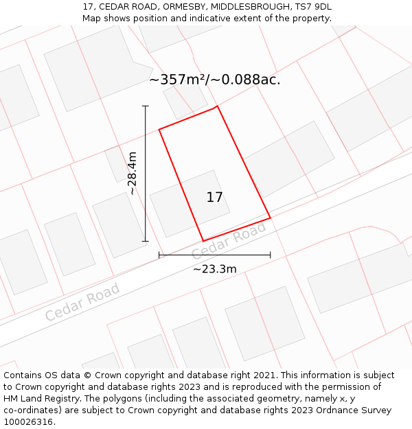 17, CEDAR ROAD, ORMESBY, MIDDLESBROUGH, TS7 9DL: Plot and title map