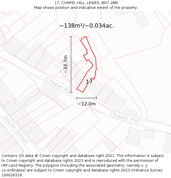 17, CHAPEL HILL, LEWES, BN7 2BB: Plot and title map