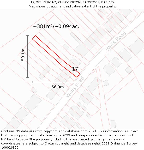 17, WELLS ROAD, CHILCOMPTON, RADSTOCK, BA3 4EX: Plot and title map