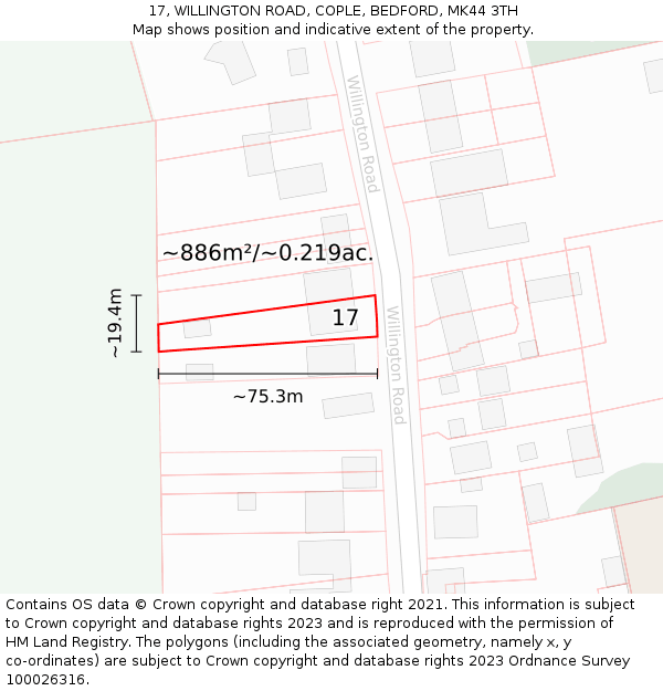 17, WILLINGTON ROAD, COPLE, BEDFORD, MK44 3TH: Plot and title map