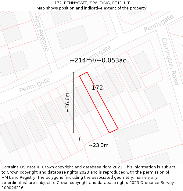 172, PENNYGATE, SPALDING, PE11 1LT: Plot and title map