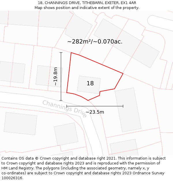18, CHANNINGS DRIVE, TITHEBARN, EXETER, EX1 4AR: Plot and title map