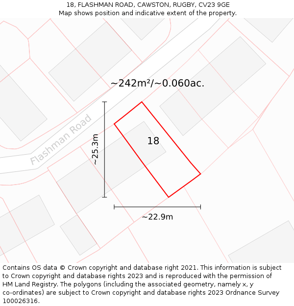 18, FLASHMAN ROAD, CAWSTON, RUGBY, CV23 9GE: Plot and title map