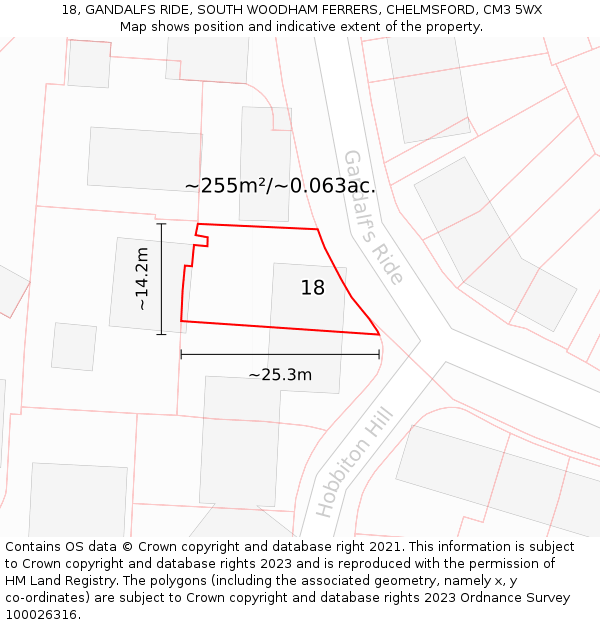 18, GANDALFS RIDE, SOUTH WOODHAM FERRERS, CHELMSFORD, CM3 5WX: Plot and title map