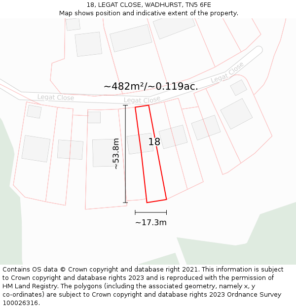 18, LEGAT CLOSE, WADHURST, TN5 6FE: Plot and title map