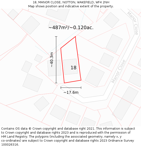 18, MANOR CLOSE, NOTTON, WAKEFIELD, WF4 2NH: Plot and title map
