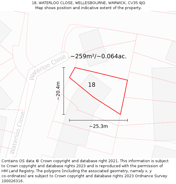 18, WATERLOO CLOSE, WELLESBOURNE, WARWICK, CV35 9JG: Plot and title map