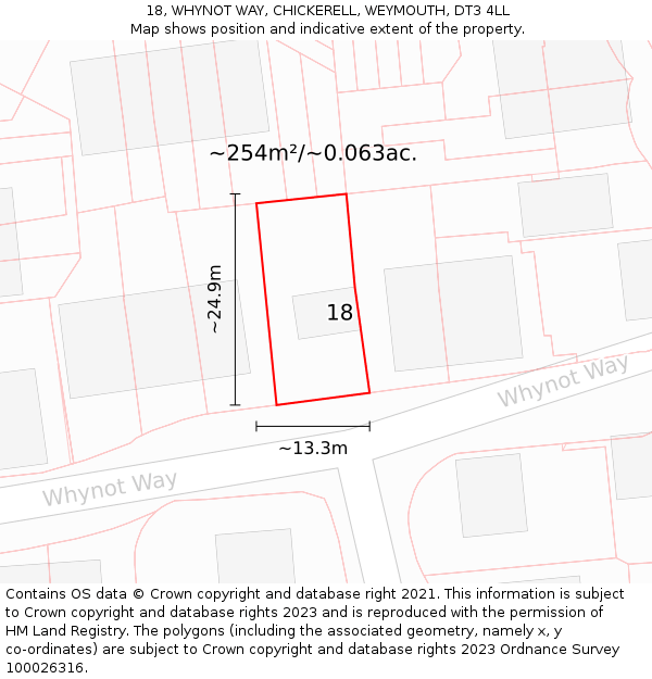 18, WHYNOT WAY, CHICKERELL, WEYMOUTH, DT3 4LL: Plot and title map