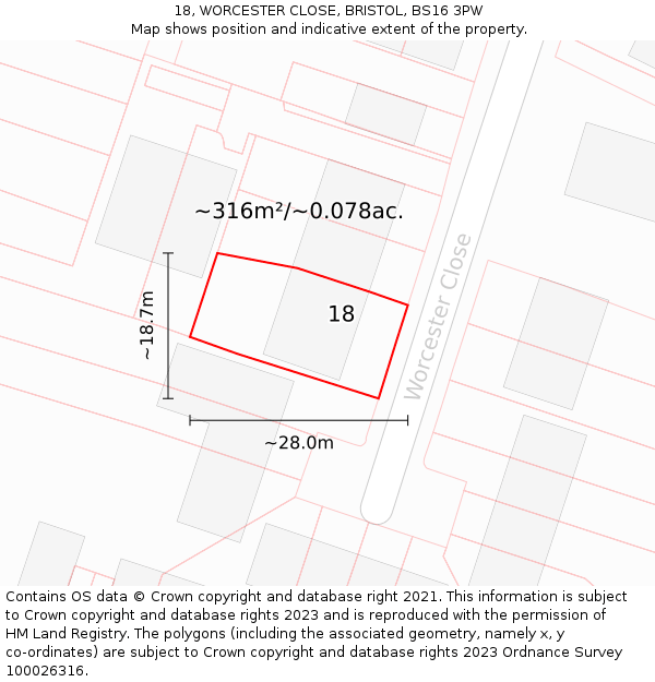 18, WORCESTER CLOSE, BRISTOL, BS16 3PW: Plot and title map