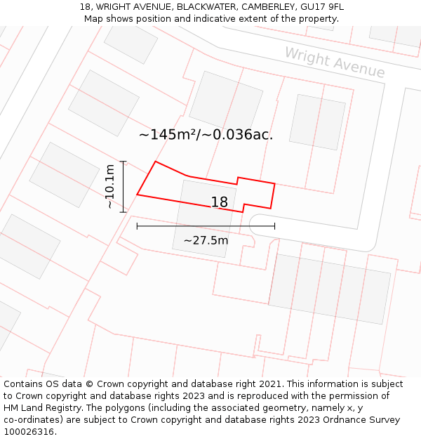 18, WRIGHT AVENUE, BLACKWATER, CAMBERLEY, GU17 9FL: Plot and title map