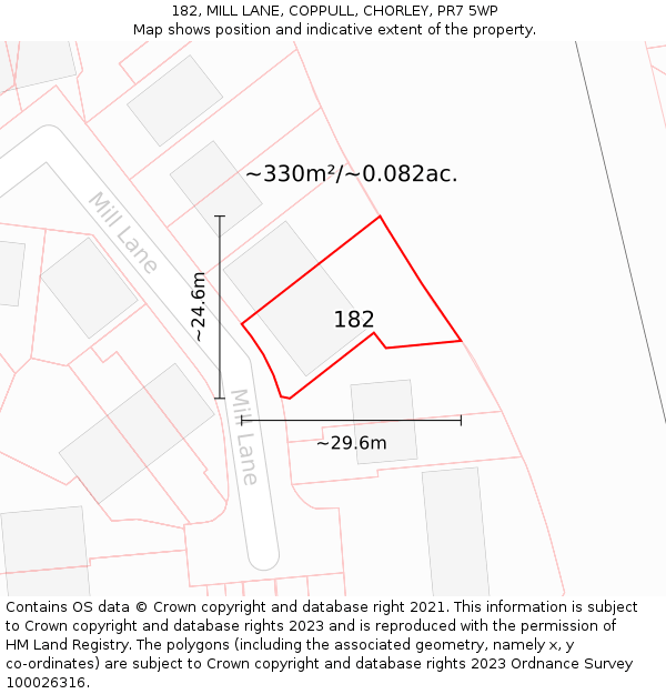 182, MILL LANE, COPPULL, CHORLEY, PR7 5WP: Plot and title map