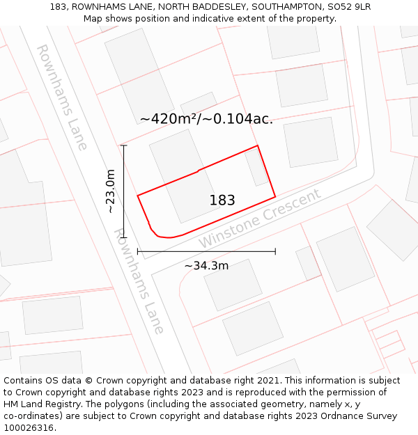 183, ROWNHAMS LANE, NORTH BADDESLEY, SOUTHAMPTON, SO52 9LR: Plot and title map