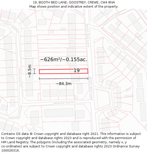 19, BOOTH BED LANE, GOOSTREY, CREWE, CW4 8NA: Plot and title map