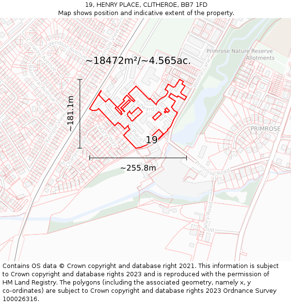 19, HENRY PLACE, CLITHEROE, BB7 1FD: Plot and title map