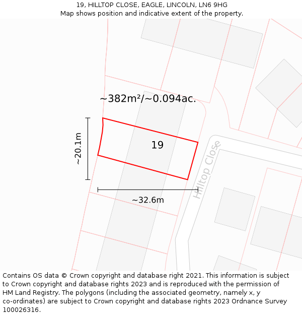 19, HILLTOP CLOSE, EAGLE, LINCOLN, LN6 9HG: Plot and title map